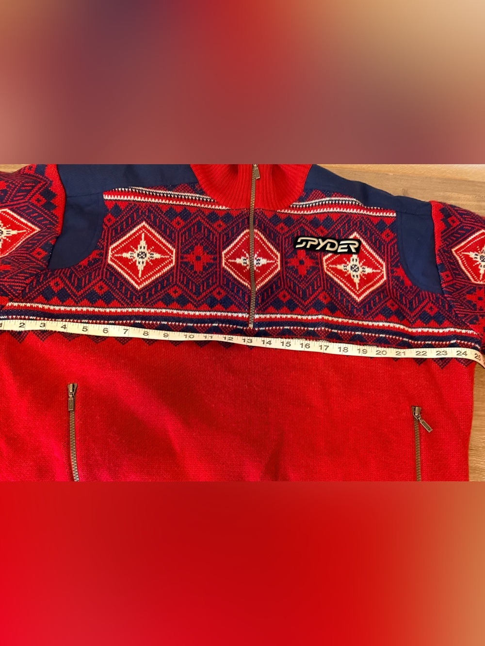 Vintage Spyder Lined Ski Sweater Men's Large Red Nordic Fair Isle 1/4 Zip - Picture 9 of 9